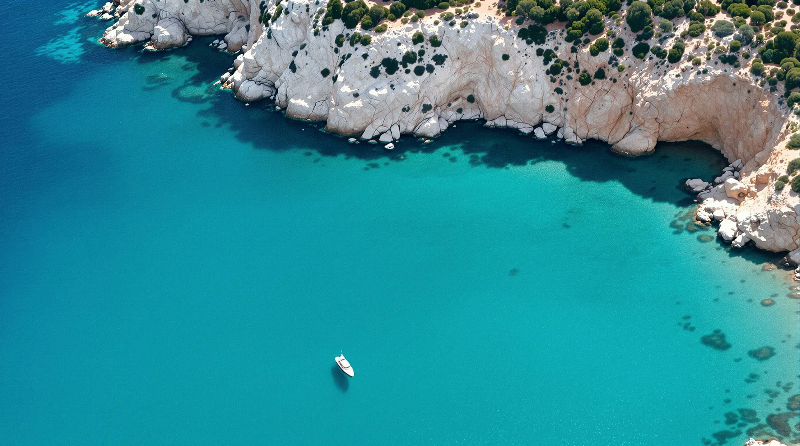 Eine türkise Bucht der Costa Smeralda aus der Luft im Hochsommer.